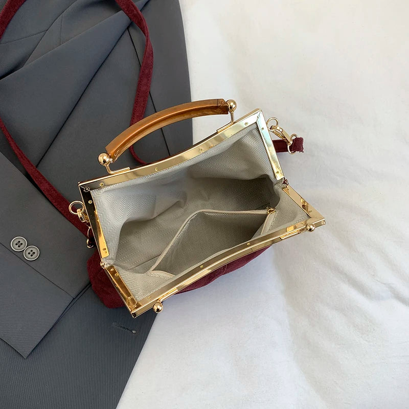 Suede Wooden Handle Handbag
