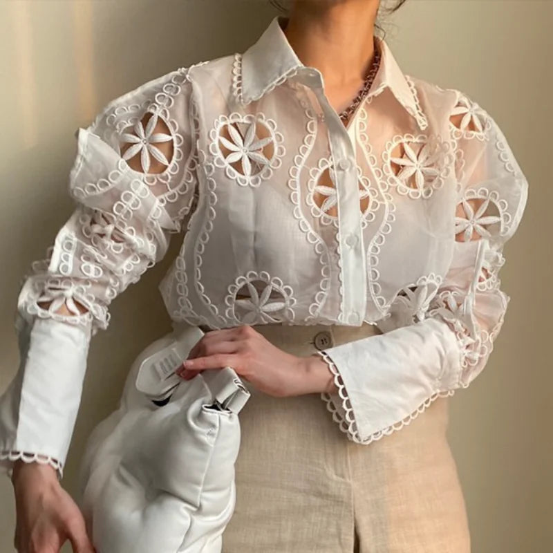 Embroidered Lace Button-Up Blouse