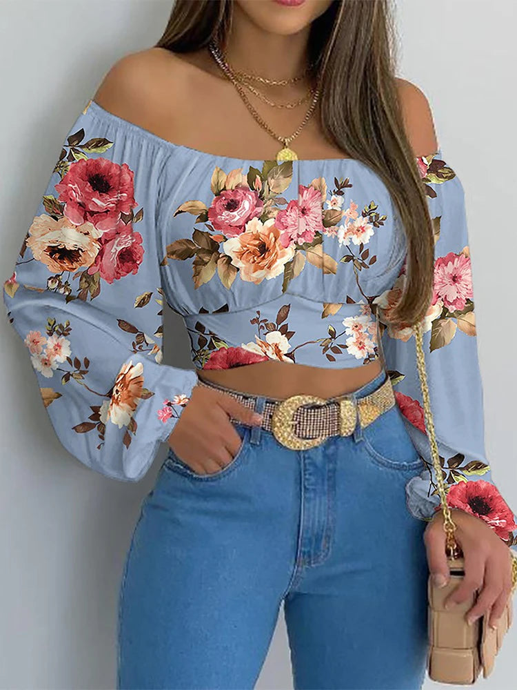 Off-Shoulder Lantern-Sleeve Crop Blouse