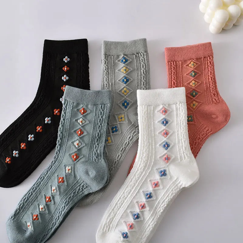 Embroidered Floral Crew Socks