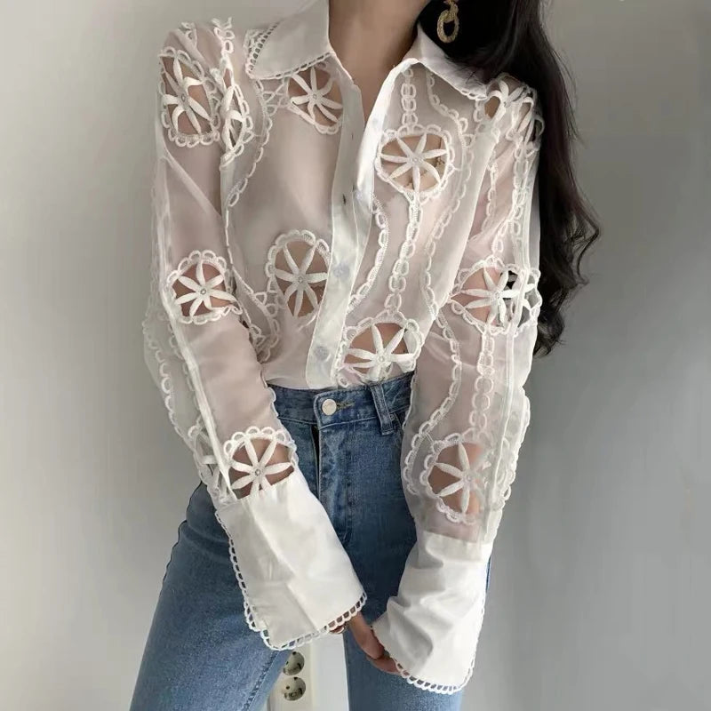 Embroidered Lace Button-Up Blouse