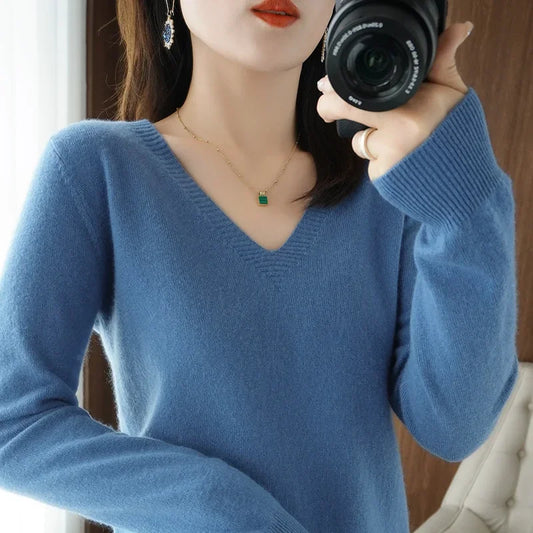 V-Neck High-Stretch Knit Sweater