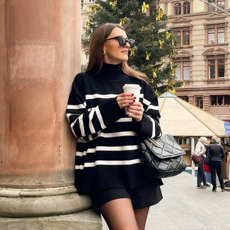 Striped Turtleneck Loose-Knit Sweater