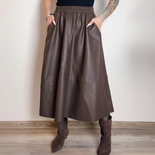 Pocketed Leather Midi Skirt