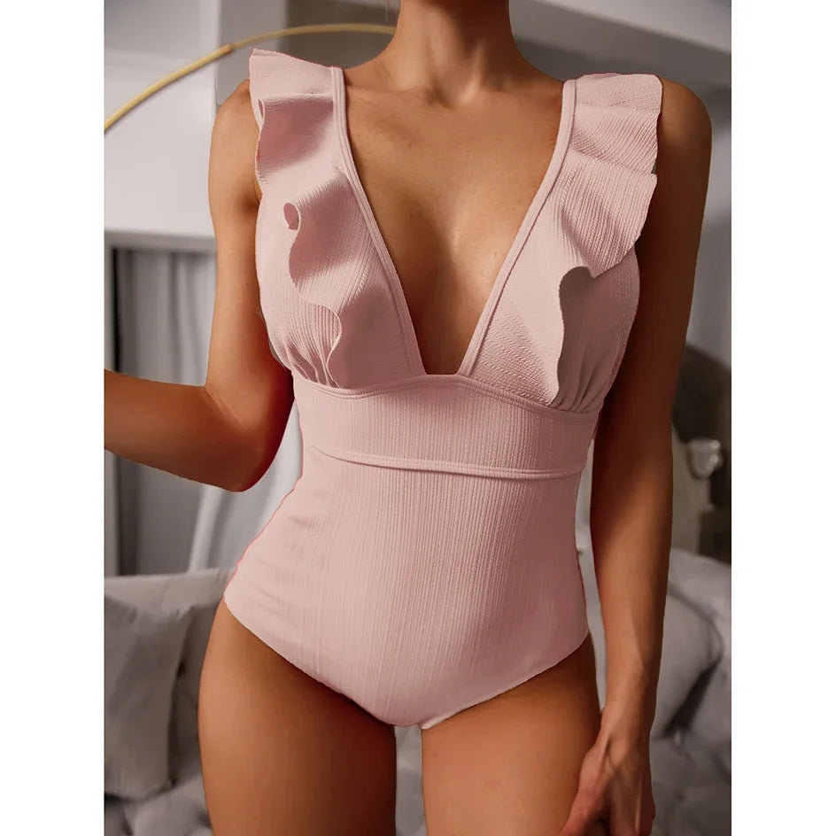 Ruffled Deep-V One-Piece Swimsuit
