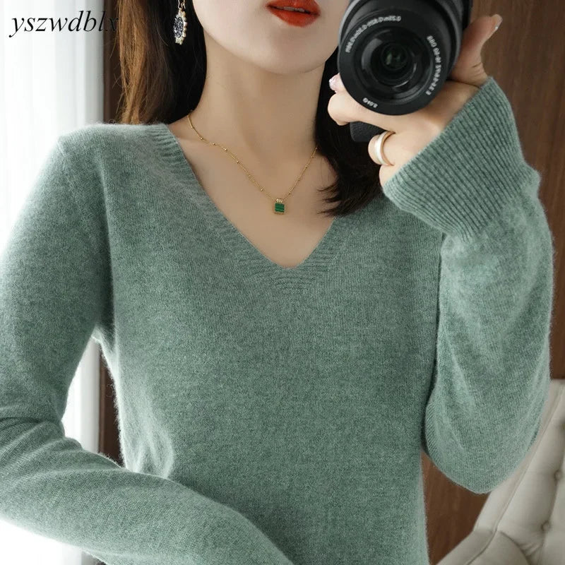 V-Neck High-Stretch Knit Sweater