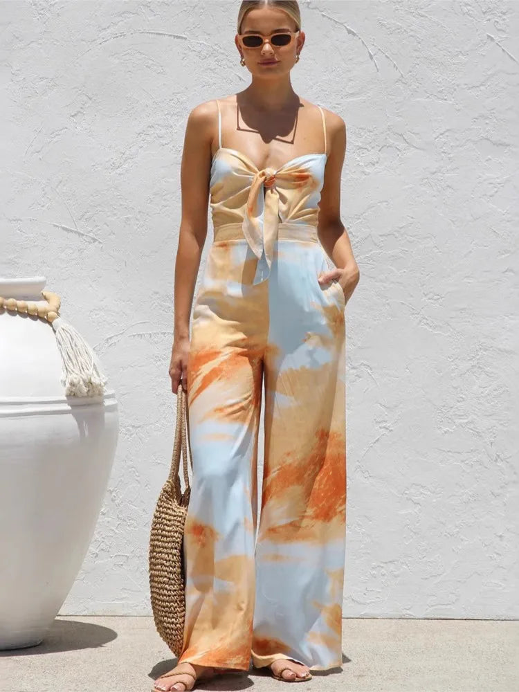 Bow-Tie Vacation Print Jumpsuit