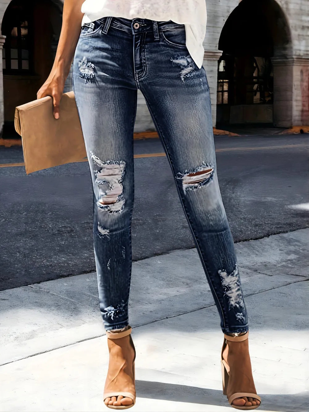Distressed High-Stretch Straight Jeans