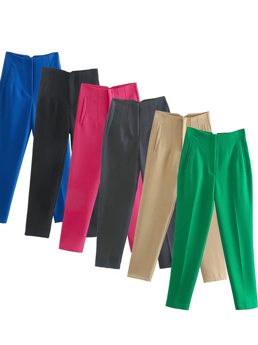 High-Waist Zipper Straight Trousers
