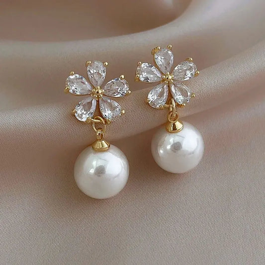 Rhinestone Flower Pearl Studs