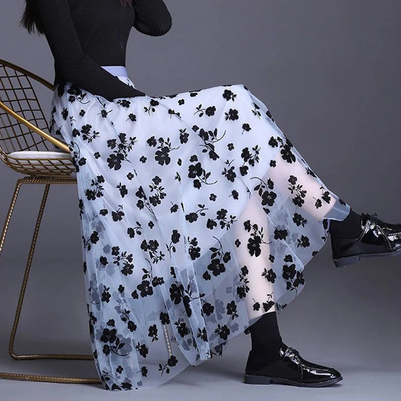 Floral Tulle Midi Skirt