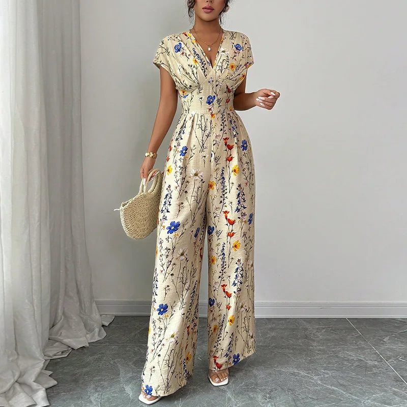 Floral Short-Sleeve Office Jumpsuit
