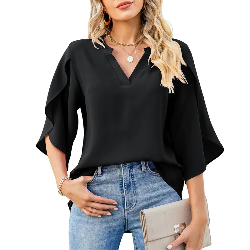 Chiffon V-Neck Flare Blouse