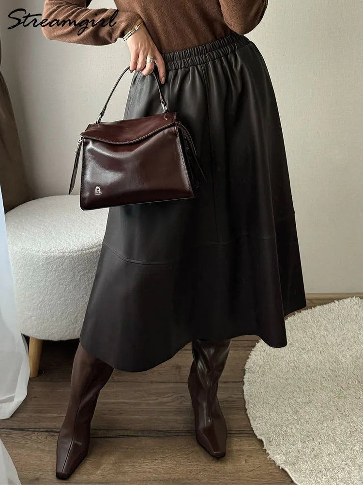 Pocketed Leather Midi Skirt