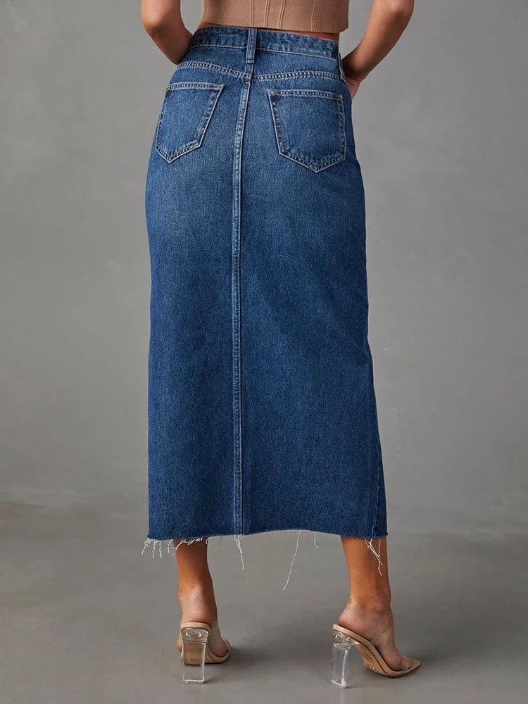 Split Washed Denim Skirt