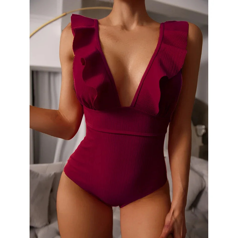 Ruffled Deep-V One-Piece Swimsuit