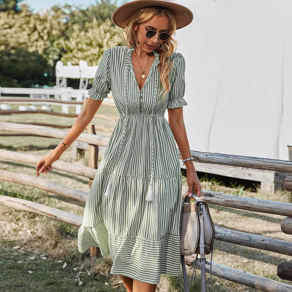 Striped Lantern Sleeve Midi Dress