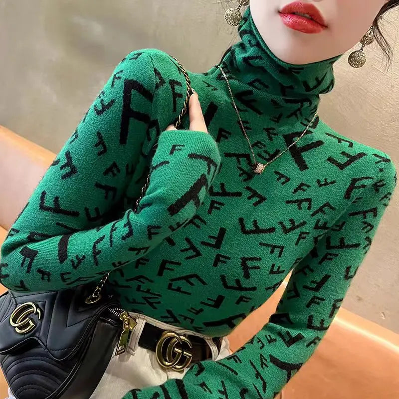 Letter-Knit Half-Neck Slim Sweater