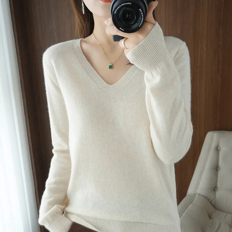 V-Neck High-Stretch Knit Sweater