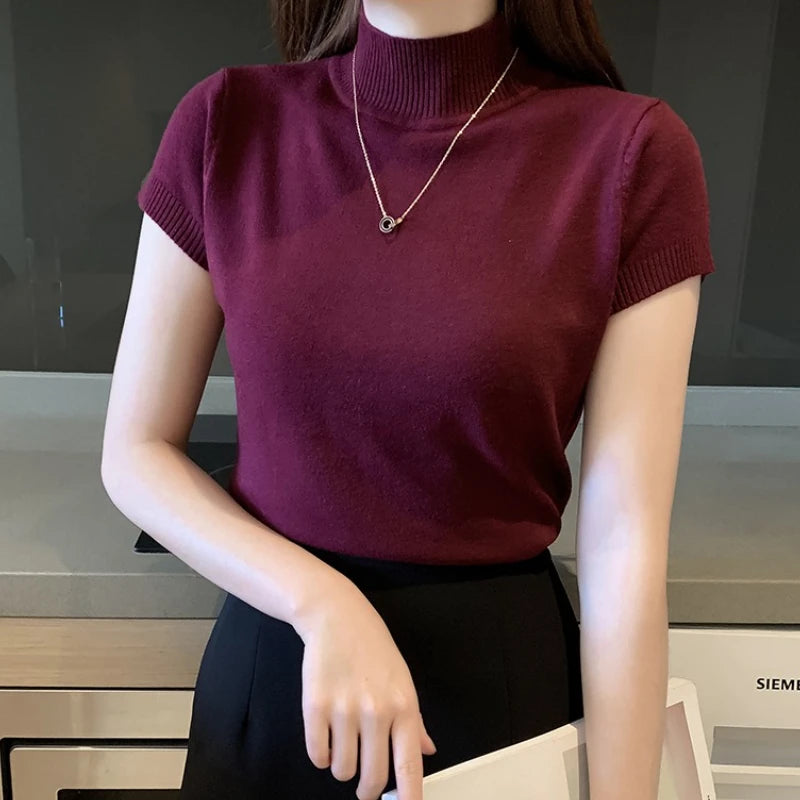 Stretch Turtleneck Short-Sleeve Top