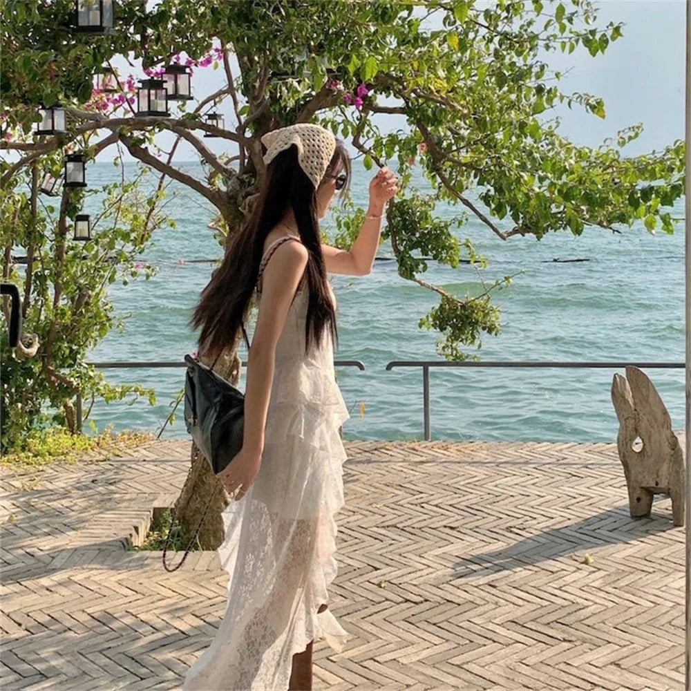 Ruffled White Lace Dress
